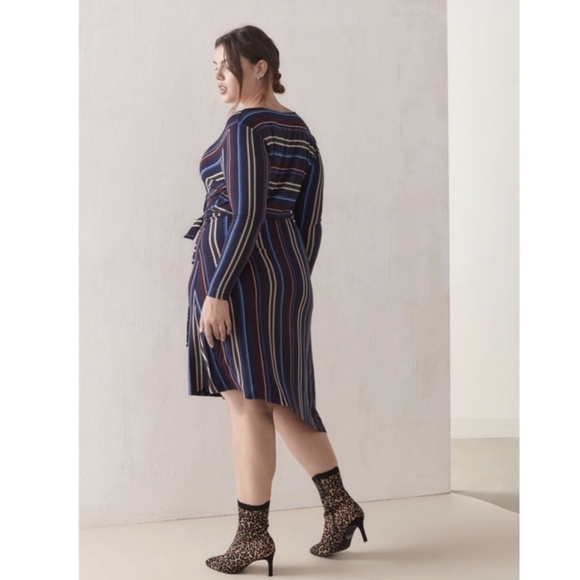 STUNNING 0X - Addition Elle | Striped Asymmetric Faux Wrap Dress - Picture 3 of 8